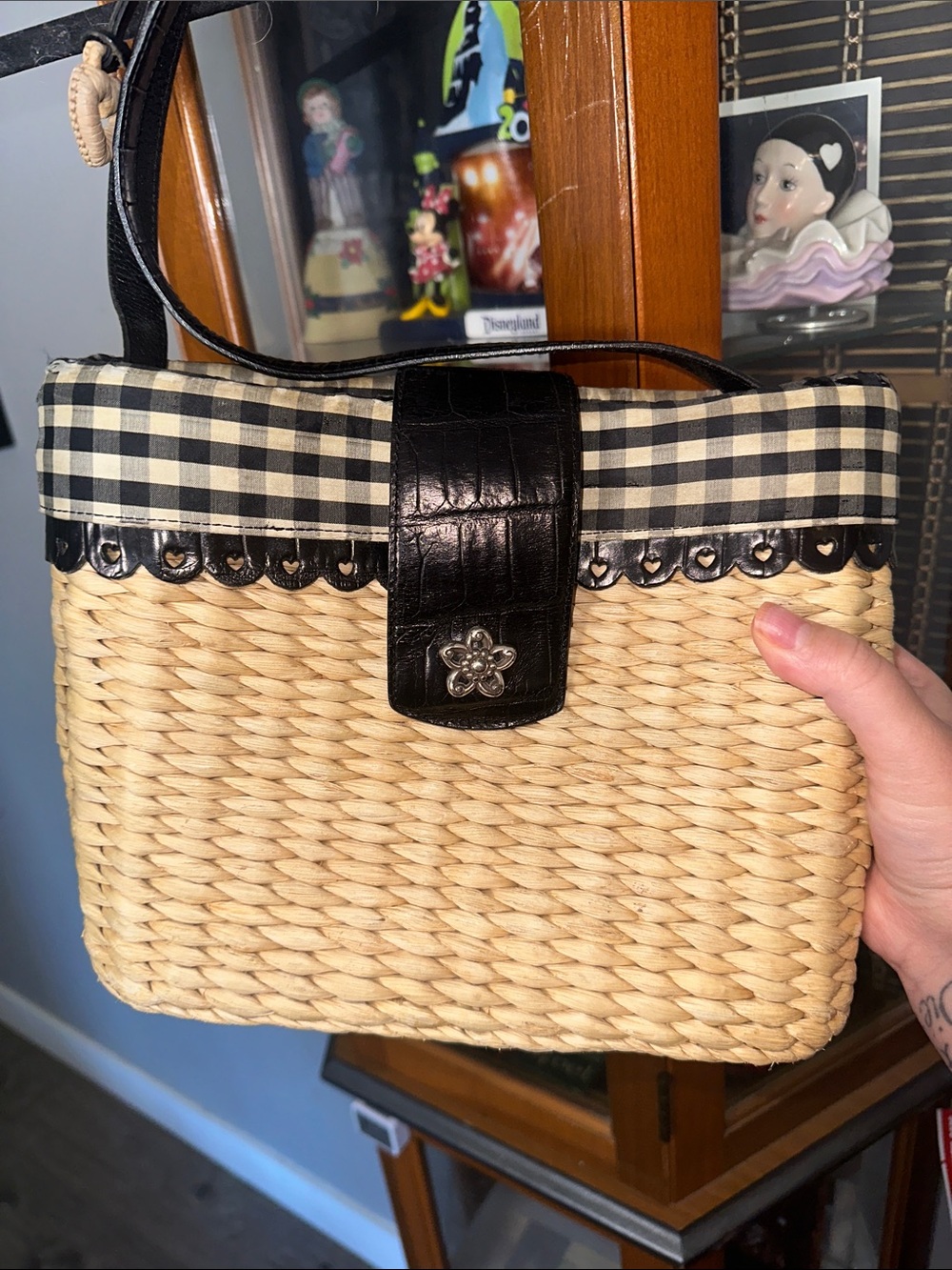 Brighton Black Trim Woven Straw Shoulder Bag with Gingham Accent